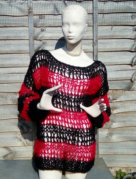 Holey punk jumper, light weight wool and acrylic mix Alt Crochet Sweater, Crochet Holey Sweater, Punk Outfits Ideas, Crochet Punk Clothes, Punk Knitting Patterns, Holey Crochet Sweater, Punk Crochet Patterns, Punk Crochet Patterns Free, Alt Crochet