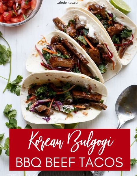 Korean Bulgogi Bbq Beef Tacos are the ultimate way to serve up your Taco Tuesday! This is a must make bbq beef recipe. #Korean #bulgogi #bbq #beef #taco #dinner #idea #easy #best #flavorful Korean Street Tacos, Bulgogi Pizza, Bbq Fajitas, Bbq Beef Tacos, Dinner Idea Easy, Korean Bbq Tacos, Bulgogi Tacos, Asian Tacos, Korean Beef Tacos