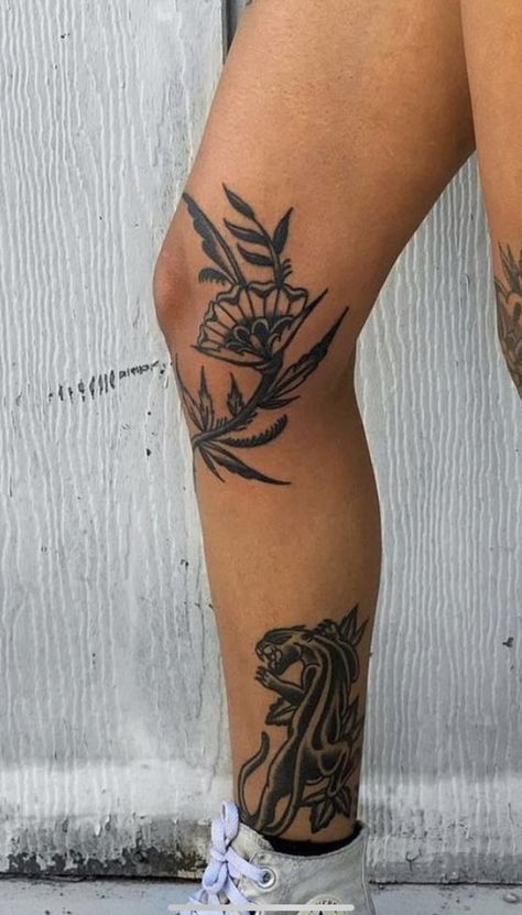 Hip To Leg Tattoos Women, Feminine American Traditional Tattoos Leg, American Traditional Cover Up, American Traditional Calf Tattoo, Thigh Tattoos Women American Traditional, Traditional Leg Sleeve Women, Traditional Tattoo Knee Cap, Female American Traditional Tattoo, Top Of Knee Tattoo Women