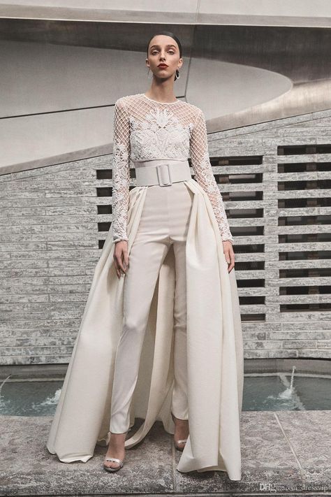 2019 Beach Wedding Dresses Women Jumpsuits With Detachable Skirt Satin Sweep Train Sweetheart Country Bridal Gowns With Jacket Long Sleeve Wedding Dress Detachable Skirt, Country Bridal Gown, Wedding Dress Jumpsuit, Tube Top Jumpsuit, Baju Kahwin, Gown With Jacket, Wedding Dress Suit, Lace Tube Top, Bridal Jumpsuit