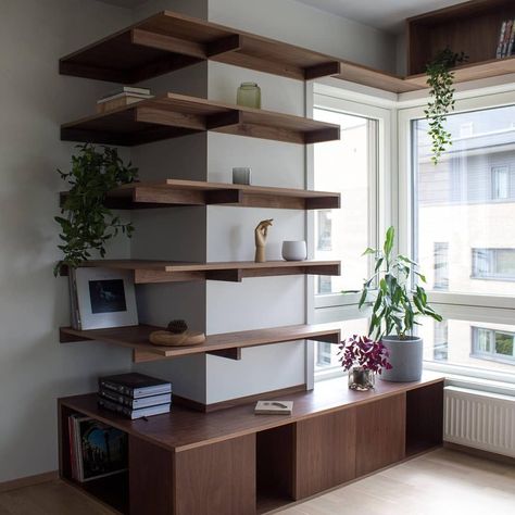 Stationary Shop Design, Interior Columns Ideas, Columns Ideas, Column Design Ideas, Modular Shelves, Column Ideas, Walnut Shelf, Bookshelves Storage, Office Bookshelf