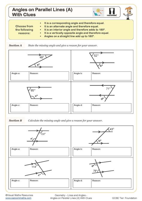 Angles on Parallel Lines (A) (With Clues) Worksheet | Fun and Engaging PDF Worksheets Angle Pairs, Angle Relationships, Angles Worksheet, Relationship Worksheets, Vertical Angles, Experimental Design, Parallel Lines, Math Worksheet, 7th Grade