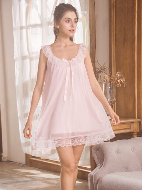 Free Returns ✓ Free Shipping On Orders $49+ ✓. Bow Front Lace Trim Night Dress- Nightgowns & Sleepshirts at SHEIN. Sleeping Dress, Vintage Nightgown, Night Dress For Women, Women's Nightgowns, Pretty Lingerie, Ruffle Hem Dress, Nightgowns, Lace Ruffle, Lace Panelled