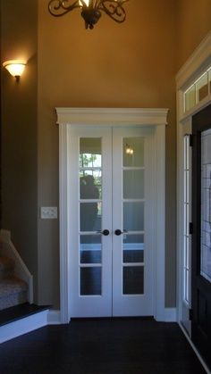 craftsman interior french doors - Google Search Narrow French Doors, Office French Doors, Door Curtains Diy, Door Diy Projects, Pintu Interior, French Doors Bedroom, Bedroom Closet Doors, Ideas Closet, Interior French Doors