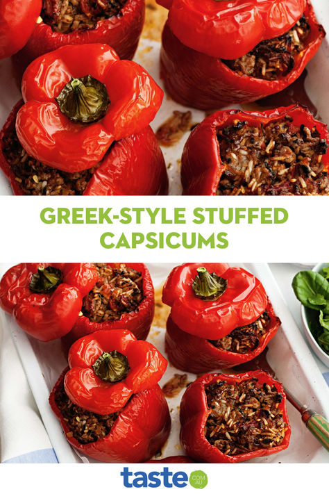 They say that life’s too short to stuff a mushroom, but capsicums? That’s a whole other ball game! With its firm and sturdy shell, the hollow of the capsicum (or pepper) seems custom-made to be filled with meats, grains, cheese or even other vegetables. This is the ideal recipe for stuffed capsicums. Stuffed Capsicum, Capsicum Recipes, Stuffed Vegetables, Lean Beef, The Hollow, Greek Style, Fresh Mint, Too Short, Peppers