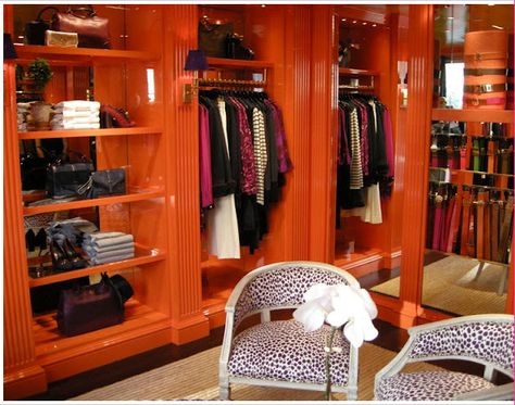 .I will have this orange closet! Nk Orange Closet, Orange Items, Closet Interior, Lacquered Walls, House Beautiful Magazine, Beautiful Closets, Hermes Orange, Dressing Rooms, Dream Closets