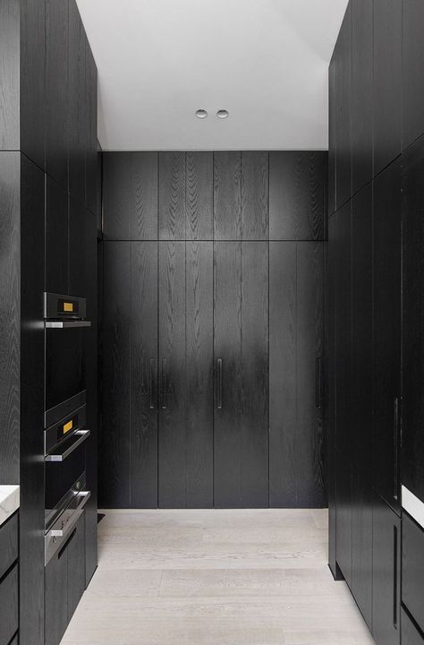 Studio You Me | Brighton Residence | Hana Hakim + Kestie Lane ... Black Wood Grain Kitchen, Sleek Black Kitchen Cabinets, Black Wood Kitchen Design, Black Wood Cabinet, Oak White Black Kitchen, Black Wood Interior Design, Black Wood Grain Kitchen Cabinets, Black Stained Floors, Black Wood Ceiling