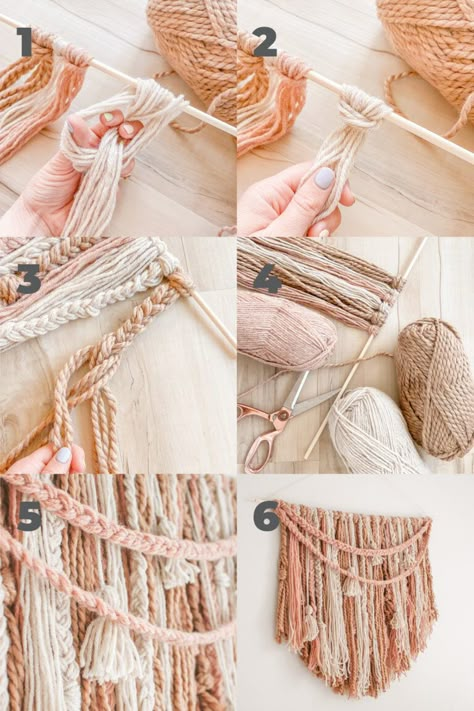 Yarn Boho Wall Hanging, Diy Yarn Decor, Propagation Wall, Easy Macrame Wall Hanging, Diy Wall Hanging Yarn, Braided Yarn, Boho Yarn, Boho Macrame Wall Hanging, Boho Crafts