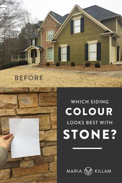 Trying to find the right exterior colour to match stone on your house? If you have stone on your exterior, it completely dictates the colour palette. If you ignore it, it will most likely look that way. Here’s how to determine which siding colour looks best with your stone. House Paint Exterior With Stone, Exterior House Colors With Tan Stone, Stone House Trim Color Ideas, Exterior Paint Colors For House With Stone, Exterior House Color With Stone, Exterior House Paint Color Combinations With Stone Rocks, Yellow Stone House Exterior, Exterior House Paint Color Combinations With Stone Ideas, Sandstone Exterior