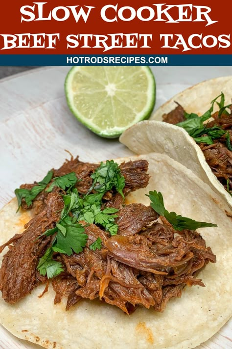 Taco lovers will love this Beef Street Tacos recipe. Easily made in a Crock-Pot Slow Cooker with a few simple ingredients. Tacos With Roast Beef, Slow Cooker Street Tacos Chuck Roast, Beef Chuck Tacos Crock Pot, Roast Beef For Tacos, Braised Beef Tacos Slow Cooker, Slow Cooker Beef Brisket Tacos, Bottom Round Roast Tacos, Beef Roast Tacos Crock Pot, Crock Pot Steak Tacos