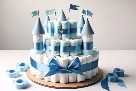 11 Stunning DIY Diaper Cake Ideas To Decorate The Place Diaper Cake Castle, Pamper Cake, Baby Boy Hamper, Baby Party Decorations, Diy Diaper Cake, Pop Up Card Templates, Diaper Gifts, Baby Diaper Cake