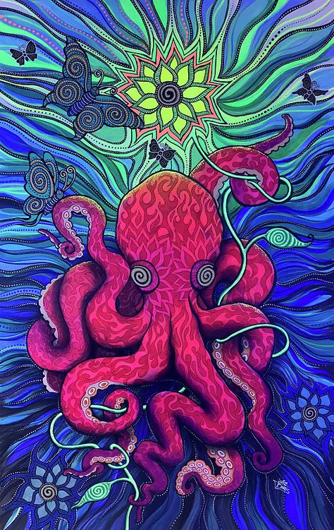 Octopus Drawing, Koi Painting, Octopus Painting, Hippie Trippy, Octopus Tattoos, Skull Art Drawing, Sea Life Art, Guitar Painting, Candy Skulls