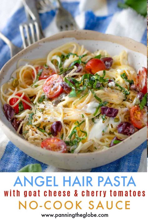 A scrumptious pasta recipe with no-cook sauce! The hot angel hair pasta is tossed with creamy goat cheese, cherry tomatoes, fresh basil, garlic, lemon juice and olives. #AngelHair #SummerPastaRecipe #NoCookPastaSauce #EasyRecipe Pasta With Goat Cheese, Angel Hair Pasta Recipes, Fresh Tomato Pasta, Summer Pasta Recipes, Pasta Creamy, Goat Cheese Pasta, Hot Angel, Creamy Goat Cheese, Summertime Recipes