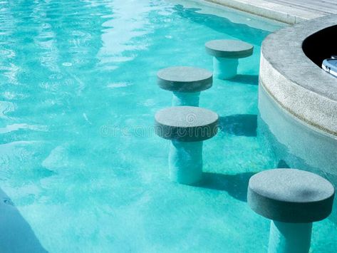 Empty round terrazzo bar stools seat in clean and clear water swimming pool preparing for the guests at the resort on sunny day.. stock photography, #terrazzo, #water, #photography, #ad Pool Bar Stools, Terrazzo Bar, Bar Stool Seats, Clean And Clear, Swim Up Bar, Water Swimming, Water Photography, Pool Bar, Clear Water