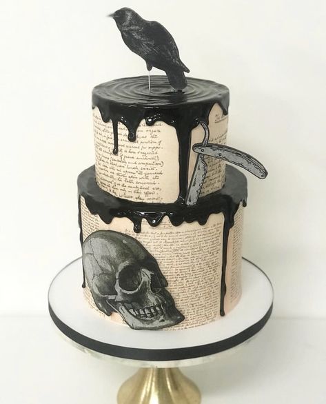 The most perfect Edgar Allen Poe cake😍🎂🖤 📸 sweetfix #gothiccake #alternativecake #cakegoals #cakeaesthetic #gothicfood Edgar Allen Poe Birthday Cake, Creepy Wedding Cake, Edgar Allen Poe Wedding Theme, Edgar Allen Poe Birthday, Edgar Allen Poe Cake, Edgar Allen Poe Themed Party, Goth Cakes Birthday, Edgar Allen Poe Party Ideas, Creepy Cake Ideas