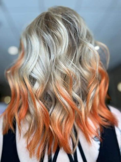 #blonde #orange #hair #shorthair #colormelt #vibranthair #fiery Blonde On Top Copper Underneath, Blonde To Orange Ombre, Blonde With Orange Highlights, Blonde Hair With Orange, Blonde Hair With Colored Tips, Blonde Orange Hair, Blonde And Orange Hair, Blonde And Copper Hair, Blonde Underneath Hair