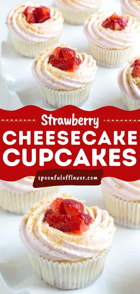 Strawberry Cheesecake Cupcakes, Spring desserts, Easter desserts Pink Cupcake Flavors, Cupcake With Cheesecake Filling, Strawberry Cheesecake Filled Cupcakes, Cheesecake Flavored Cupcakes, Raspberry Cheesecake Filling, Cheesecake Cupcake Filling, Cupcake Recipes Filled, Strawberry Cheesecake Cupcakes Recipe, Vanilla Cupcake Ideas