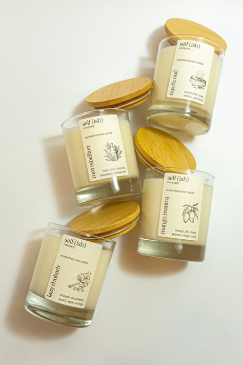 Scented Candles By Self (ish) Company Candles Project, Reed Diffuser Packaging, Bohemian Candle, Candle Packaging Design, Bamboo Candle, Candle Labels Design, Candle Lid, Labels Design, Candle Projects