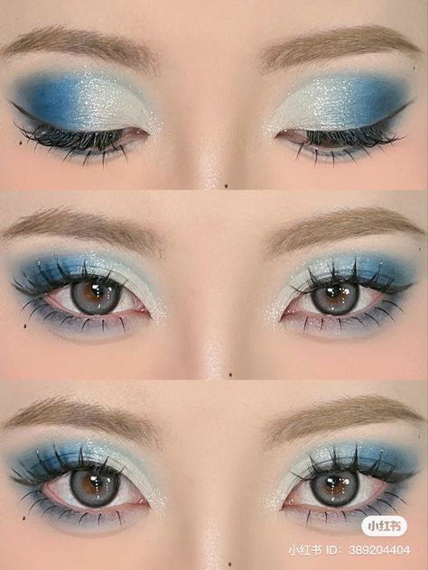 White And Blue Makeup Looks, Blue Makeup For Prom, Blue And White Eyeshadow Looks, Quince Makeup Blue, Blue Eye Shadow Looks, Blue Eyeshadow Makeup Looks, Blue And White Makeup, Makeup Azul, Cinderella Makeup