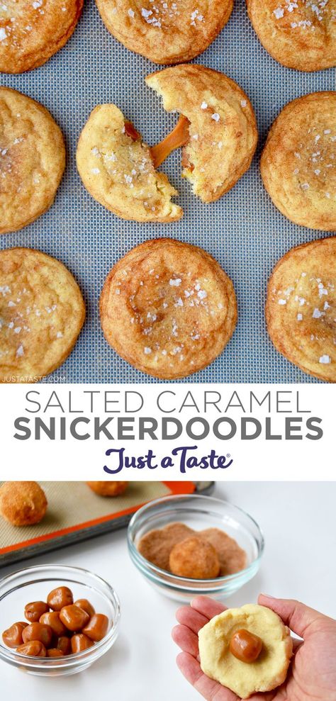 Top image: A top-down view of a snickerdoodle cookie with a gooey caramel center. Bottom image: A hand holds cookie dough with a chewy caramel in its center. Caramel Snickerdoodles, Chewy Caramel, Gooey Caramel, Snickerdoodle Recipe, Just A Taste, Snickerdoodle Cookies, Favorite Cookie Recipe, Holiday Favorite Recipes, Caramel Cookies