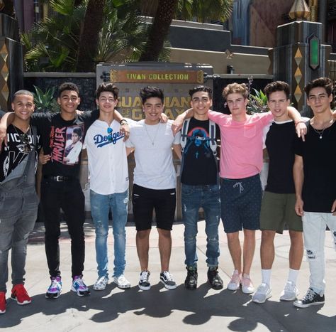 Jaden Gray, Marcus Pendleton, Mikey Jimenez, Sergio Calderon, Drew Ramos, Brady Tutton, Michael Conor, and Chance Perez at Disneyland California Adventure Land on 8-18-17 Brady Tutton, Chance Perez, Disneyland California Adventure, Celebrity Guys, Michael Smith, Disneyland California, Disney California Adventure, Bestie Goals, Love My Boys