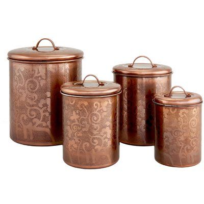 Old Dutch Avignon 4 Piece Etched Kitchen Canister Set Color: Antique Copper Copper Canisters, Stainless Steel Food Storage, Tuscan Decor, Western Stuff, Kitchen Canister Set, Farmhouse Decorating, Old Dutch, Copper Kitchen, Tangier