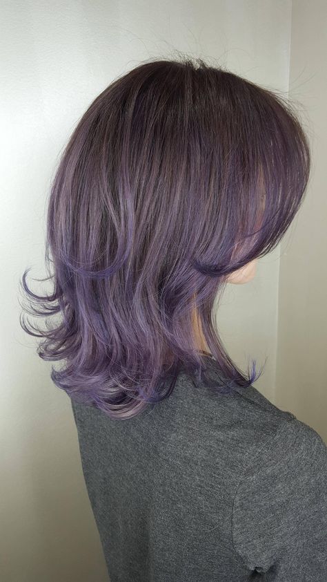 Brown Lilac Hair, Lavender And Brown Hair, Brown Hair With Lavender Highlights, Lavender Balayage Brunette, Smoky Purple Hair, Ashy Purple Hair, Lavender Hair Highlights, Brown Purple Hair, Lavender Balayage