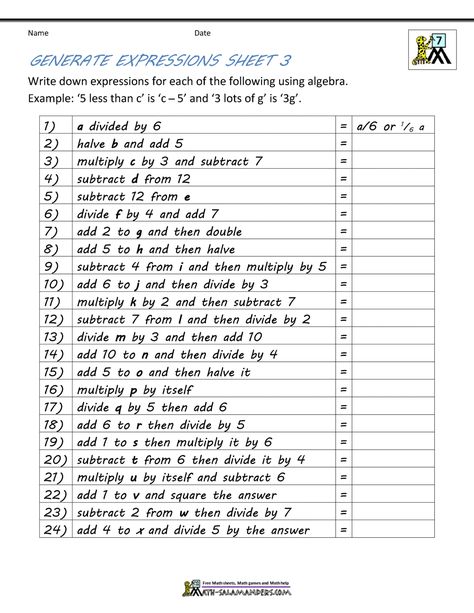 free-algebra-worksheets-generate-expressions-3.gif 1,000×1,294 pixels Algebraic Expressions Worksheet, Basic Algebra Worksheets, Algebra Vocabulary, Algebra Equations Worksheets, Translating Algebraic Expressions, Writing Algebraic Expressions, Equivalent Expressions, Basic Algebra, Fun Math Worksheets