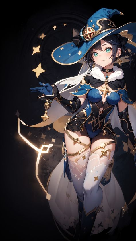 1girl, aqua eyes, bangs, black background, black choker, black gloves, black hair, blue cape, blue headwear, breasts, cape, choker, closed mouth, earrings, fur collar, fur trim, gloves, gold trim, green eyes, hat, jewelry, leotard, long hair, looking at viewer, medium breasts, mona \(genshin impact\), solo, standing on one leg, star \(symbol\), star earrings, thighhighs, twintails, witch hat Mona Genshin Impact, Mona Genshin, Star Symbol, Hat Jewelry, Blue Cape, Aqua Eyes, Choker Black, Witch Outfit, Gloves Black