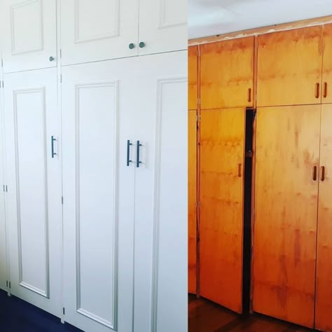 Closet Repainting Ideas, Cupboard Renovation Diy, Old Cupboard Makeover Diy, Old Cupboard Makeover, Wardrobe Makeover Diy, Cupboard Makeover Diy, Wardrobe Doors Makeover, Old Wardrobe Makeover, Cupboard Doors Makeover