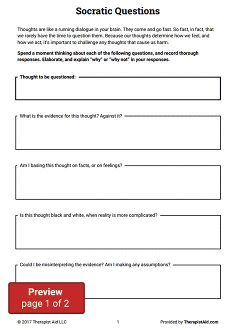 Cognitive Restructuring: Socratic Questions Preview Cognitive Distortions Worksheet, Cognitive Restructuring, Socratic Method, Cbt Worksheets, Counseling Worksheets, Cbt Therapy, Self Esteem Worksheets, Clinical Social Work, Motivational Interviewing