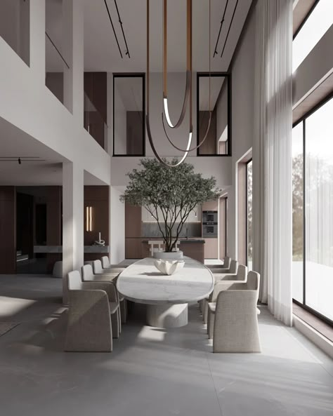 Double height dining area in muscat , oman .. Design & visualization @tawazon_architects @yasmeen_wassim Project year :… | Instagram Double Ceiling Dining Room, Dining Double Height, Tawazon Architects, Double Height Dining Area, Double Height Dining Room, Dining Room High Ceiling, Yasmeen Wassim, High Ceiling Dining Room, Double Height Space