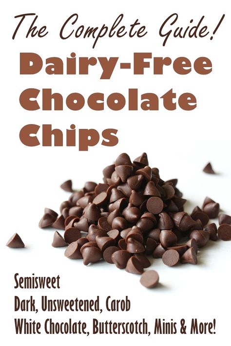 The Complete Guide to Dairy-Free Chocolate Chips - semisweet, bittersweet, butterscotch, white chocolate, minis, chunks and more! Ingredients, cross-contamination warnings, etc. Vegan, gluten-free + soy-free options. Chocolate Log Recipe, Go Dairy Free, Lactose Intolerance, Dairy Free Chocolate Chips, Lactose Free Diet, Dairy Free Diet, Gluten Free Dairy Free Recipes, Dairy Free Chocolate, Vegan Chocolate Chip