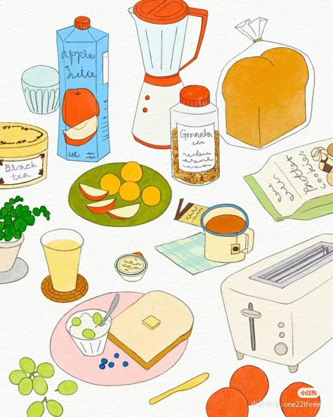 Menu Illustration Food, 90s Illustration, Breakfast Illustration, Bread Illustration, Food Illust, Illustration Calendar, Menu Illustration, Art Zine, Picture Books Illustration