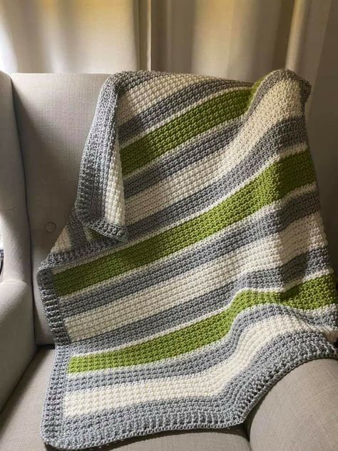 Daisy pattern: Beginner Striped Crochet Blanket.   Yarn: Hobby Lobby, Yarn Bee Soft Secret in white, mist, and avocado green. Yarn Bee Soft Secret Crochet Patterns, Green Knitted Blanket, Green Crochet Blanket, Loom Knitting Blanket, Bedspread Crochet, Blanket Borders, Crochet Blanket Yarn, Striped Crochet Blanket, Crochet Knit Blanket