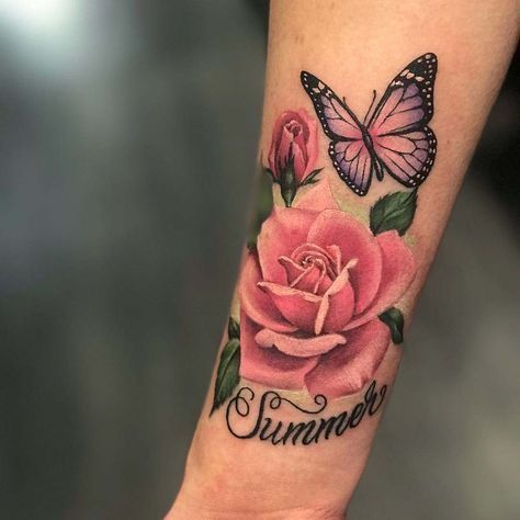 Pink Rose Tattoo, Tatuaje Cover Up, Rose And Butterfly Tattoo, Fonts Tattoo, Watercolor Rose Tattoos, Pink Rose Tattoos, Rose Tattoos For Women, Pink Tattoo, Butterfly Tattoos For Women