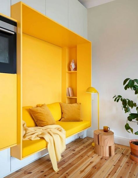 Built In Wall Units, Yellow Furniture, Yellow Interior, Yellow Bedroom, Trendy Bedroom, Interior Modern, Wooden Floor, Trendy Home, Room Interior Design