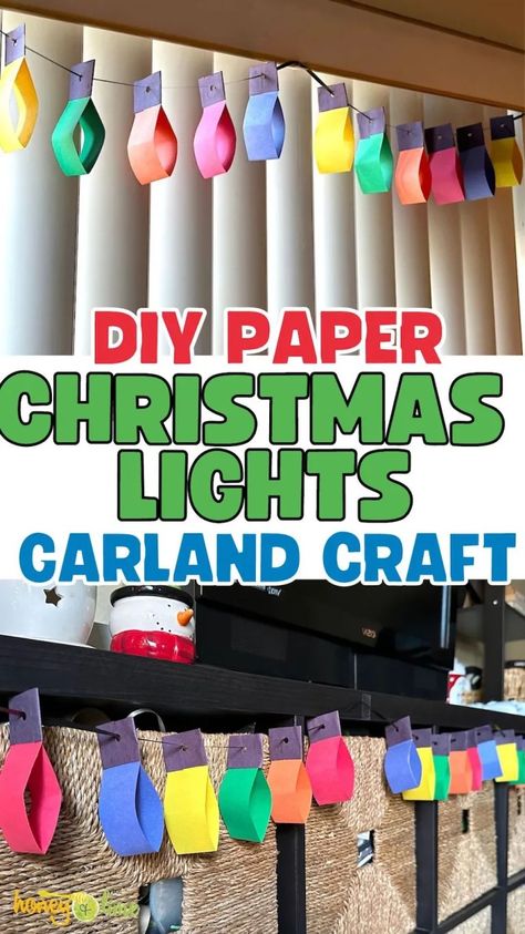 DIY Paper Christmas Lights Craft - Easy Holiday Homemade Garland Ideas Christmas Crafts To Hang From Ceiling, Diy Christmas Ceiling Decor, Christmas Lights Garland Paper, Christmas Decor For Preschool, Paper Lights Garland, Christmas Light Paper Garland, Diy Bulb Garland Christmas Balls, Paper Links Chain Christmas, Easy Diy Christmas Decorations For Classroom