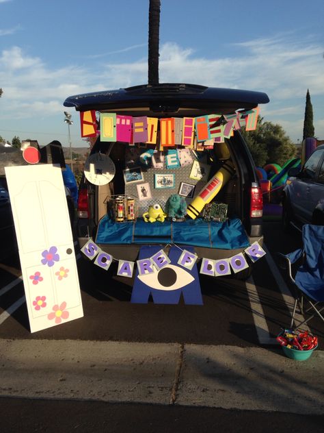 Monsters Inc., Trunk or Treat Monsters Inc Trunk Or Treat, Coraline Theme, Trunker Treat Ideas, Trunk Or Treat Ideas, Hallowen Ideas, Cute Couple Halloween Costumes, Treat Ideas, Halloween Diy Crafts, Trunk Or Treat