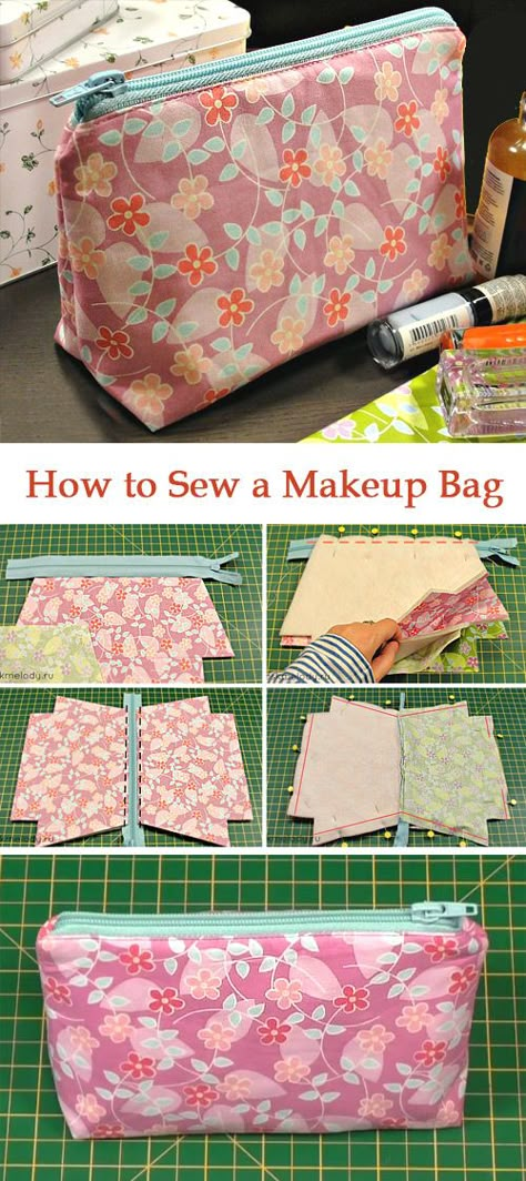 How to Sew a Makeup Bag Sew A Makeup Bag, Dompet Koin Diy, Syprosjekter For Nybegynnere, Corak Krusye, Tips Menjahit, Diy Makeup Bag, Tote Tutorial, Diy Sy, Illustration Tutorial