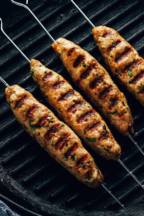 Easy kofta kebabs with ground chicken, onion, garlic, fresh herbs, and spices. Middle Eastern-inspired and perfect for grilling season! Grilled Kebabs Recipes, Chicken Kofta Kebab, Chicken Kofta, Mediterranean Recipes Healthy, Ground Chicken Recipes, Minimalist Baker, Chicken Kebabs, Grilling Season, Ground Chicken