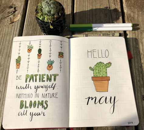 My May 2019 theme. Loving the nature and green 🌵🌿 #bujo #may2019 #cactus #quotes #plants #bulletjournal #bulletjournalideas Bujo Cactus Theme, Nature Bujo Theme, Green Theme Journal Ideas, Green Bujo Theme, Green Bujo, Bujo May, Habit Book, May Bullet Journal Cover, Quotes Bullet Journal