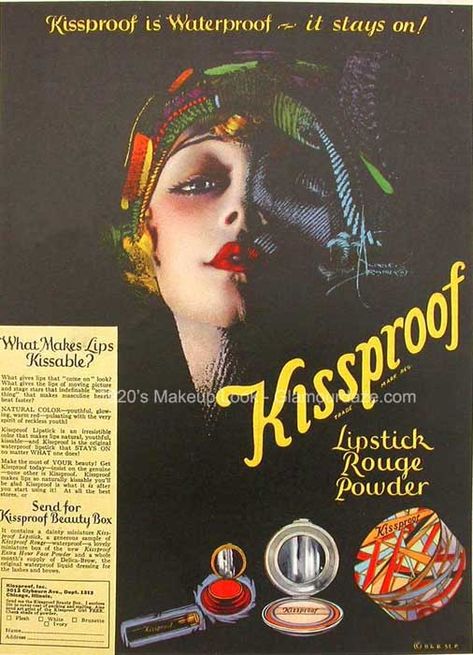 The History of 1920s Makeup - 1920 to 1929 | Glamour Daze 20s Clothing, 1920s Ads, Kiss Proof Lipstick, 1920s Makeup, Vintage Beauty Products, Lipstick Ad, Rolf Armstrong, Vintage Makeup Ads, Makeup History