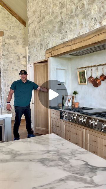 Hidden Pantry Door, Stone Kitchen Hood, Stone Range Hood, Stone Backsplash Kitchen, Hidden Pantry, Large Fridge, Hidden Kitchen, Modern Rustic Homes, Stone Backsplash