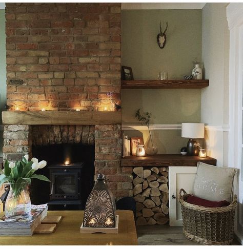 Red Brick Living Room, Brick Fireplace Log Burner, Exposed Brick Fireplaces, Brick Wall Living Room, Wood Burning Stoves Living Room, Log Burner Living Room, Brick Living Room, Red Brick Fireplaces, Cosy Evening