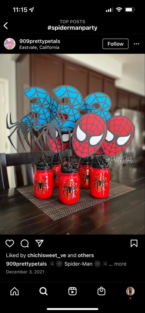 Spidey And His Amazing Friends Table Decorations, Spiderman Party Table Decor, 3rd Birthday Centerpieces, Spiderman Birthday Party Table Decor, Black Spiderman Party Ideas, Spidey Birthday Centerpieces, Black And Red Spiderman Birthday Party, Diy Spider Man Centerpieces, Spider Man Birthday Party Centerpieces