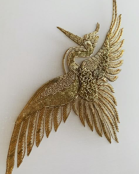 IBY LIPPOLD - Embroidery on Instagram: “Embroidery in progress #luneville #embroidery #sticken #savoirfaire #broderie #slowfashion #hautecouture #hautecoutureembroidery…” Golden Embroidery Design, Western Embroidery Designs, Bird Embroidery Designs, Wings Embroidery, Cord Embroidery, Indian Embroidery Designs, Bird Embroidery Pattern, Goldwork Embroidery, Butterfly Cross Stitch Pattern