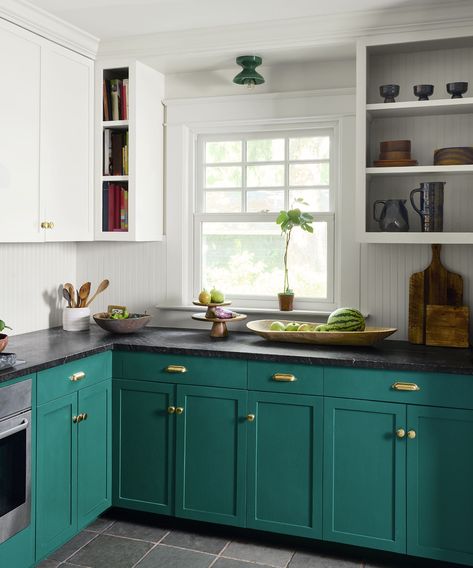 Should you go two-tone with your kitchen cabinets? | 2 Tone Kitchen Cabinets, Paint Colors For 2023, Teal Kitchen Cabinets, Two Toned Kitchen Cabinets, Reno Tips, Two Tone Kitchen Cabinets, Kitchen Makeover Ideas, Teal Kitchen, Trending Paint Colors