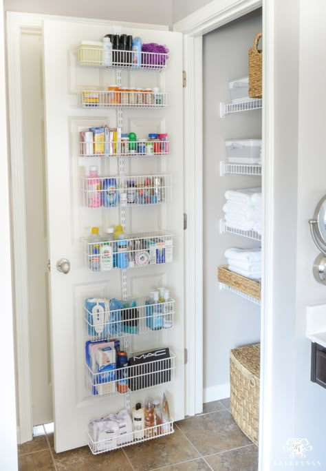 Over the Door Organizer & Smart Door Storage | Kelley Nan Back Of Door Organization, Tiny Bathroom Closet Organization, Simple Organization Ideas Bedroom, Pantry And Linen Closet Combo, Organize Small Bathroom Closet, Behind Door Storage Ideas, Deep Closet Organization, Over The Door Closet, Elfa System