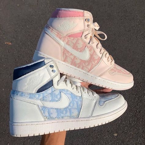 1,999 Likes, 15 Comments - HYTRAPE SNEAKERS (@hytrape.sneakers) on Instagram: “Inspiration. Jordan 1 x Dior custom Blue or Pink ? By : @dezinedope  #hytrape #hytrapesneakers” Sepatu Air Jordan, Wallpaper Nike, Trendy Shoes Sneakers, Dr Shoes, Jordan Shoes Girls, Custom Nike Shoes, All Nike Shoes, Nike Air Shoes, Fashion Shoes Sneakers